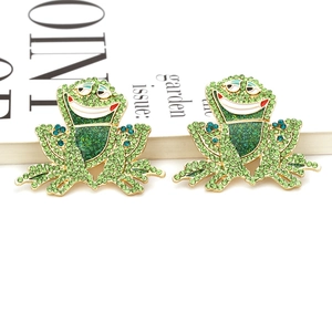 Fashionable green crystal frog earrings with gold metal base and colorful rhinestone accents