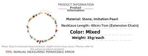 Macro detail of bohemian necklace featuring colorful gravel stones and white pearls