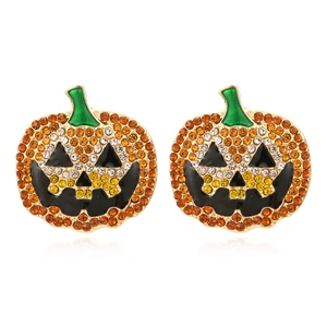 Halloween Pumpkin Stud Earrings Sparkling Rhinestone Enamel Jack-O-Lantern Alloy Jewelry For Women Festive Party Funny