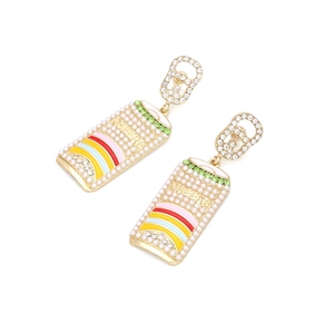 Creative drink can earrings with pearls, rhinestones, and 'CHEERS' enamel detail