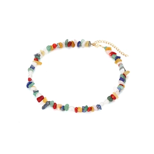 Handmade bohemian gravel stone necklace with white pearls and gold adjustable clasp