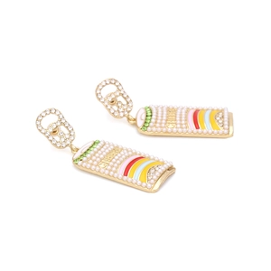 Creative drink can earrings with pearls, colorful enamel accents and Cheers engraving