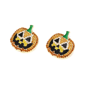 Halloween pumpkin earrings with vibrant orange rhinestones and green enamel stems