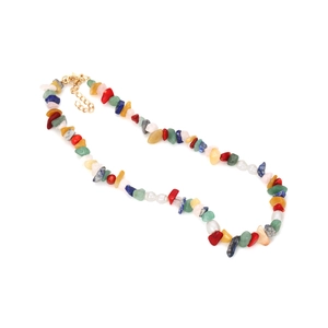 Bohemian multicolored stone necklace with freshwater pearls and adjustable gold clasp