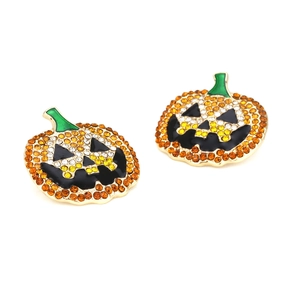 Halloween pumpkin stud earrings with orange rhinestones and gold metal plating