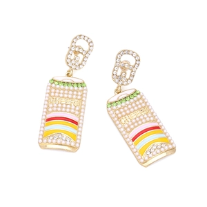 Exaggerated beverage can drop earrings with pearls, colorful crystals and Cheers text