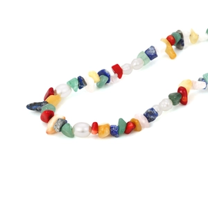 Bohemian multicolored stone and pearl beaded necklace with vintage aesthetic