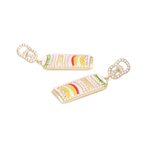 Golden beverage can earrings with pearls, rhinestones and 'CHEERS' lettering