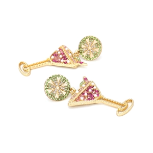 Exaggerated martini glass drop earrings with colorful rhinestones in golden finish