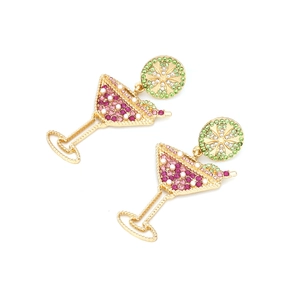 Exaggerated cocktail glass drop earrings with colorful crystals and gold metal base
