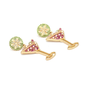 Exaggerated cocktail glass drop earrings with colorful rhinestones and gold alloy base