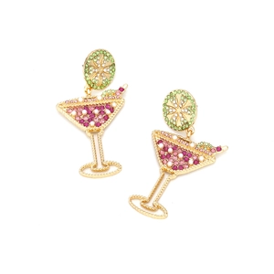 Detail of cocktail glass drop earrings with pink rhinestones and pearl garnish