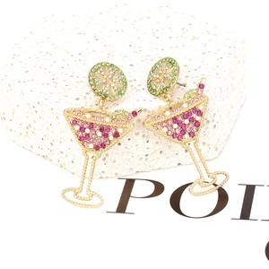 Exaggerated cocktail glass drop earrings with colorful rhinestones and lemon slice accent