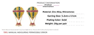 Detailed view of colorful rhinestone hot air balloon drop earrings with size measurements