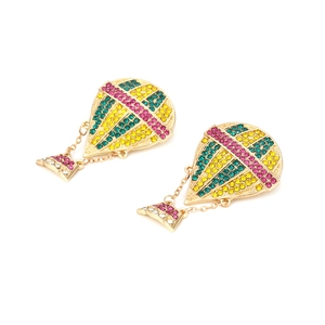 Long hot air balloon drop earrings with colorful crystals in gold plated setting
