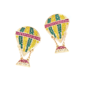 Elegant long hot air balloon drop earrings with colorful rhinestones in gold finish
