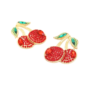 Creative cherry earrings with sparkling red and green crystals on a gold metal base