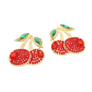 Creative crystal cherry stud earrings with red and green rhinestones on gold alloy base