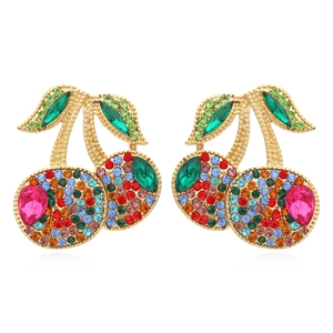 Exquisite gold cherry earrings with vibrant multi-color rhinestones and green gems