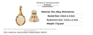 Macro detail of rhinestone-studded badminton racket and birdie earrings in zinc alloy