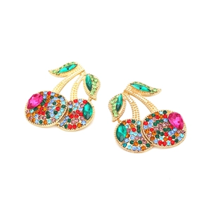 Colorful crystal cherry earrings in gold-tone alloy with multi-colored rhinestones