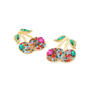 Detailed view of cherry earrings with colorful rhinestones and gold alloy base