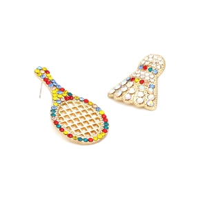 Creative asymmetrical badminton and tennis racket stud earrings with colorful rhinestones