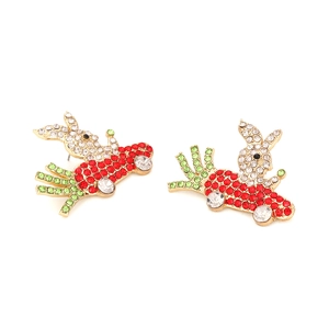Cute bunny earrings with red and green rhinestones on a gold metal base, pair set