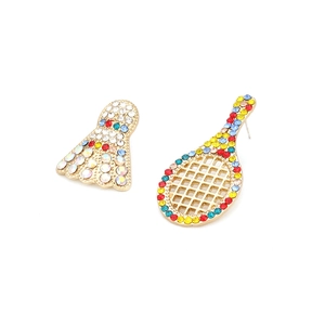 Creative asymmetrical badminton and racket stud earrings with colorful rhinestones