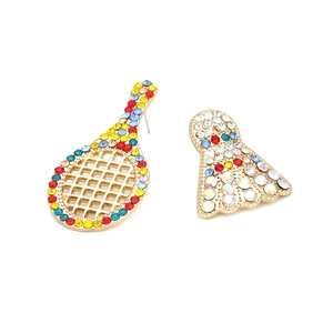 Creative asymmetric badminton racket and shuttlecock earrings with multicolored crystals