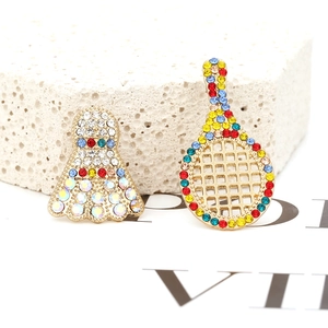 Creative badminton racket earrings with colorful crystals and gold-plated alloy finish