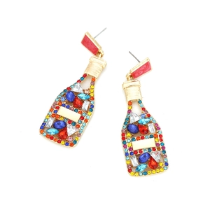 Boucles d'oreilles bouteille de vin avec strass colorés et monture dorée élégante