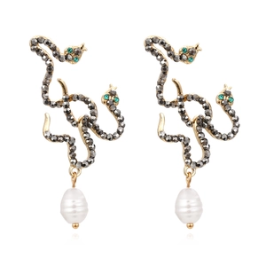 Snake Drop Earrings Vintage Gold Alloy Rhinestone Green Crystal Eye Baroque Faux Artificial Pearl Dangle Jewelry For Women