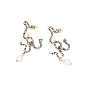 Retro snake drop earrings with grey rhinestones, green crystal eyes and white pearls