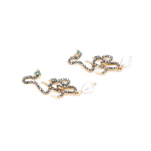 Retro snake earrings with gray diamonds and drop pearls in gold-plated alloy