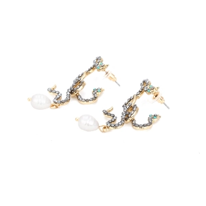 Vintage snake drop earrings with grey crystals and teardrop pearls in gold finish