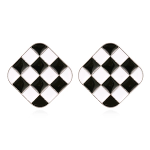 Boucles D'oreilles Puces Carrées Émail À Damier Noir Et Blanc Rétro Bijoux Géométriques En Alliage Pour Femmes
