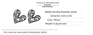 Detailed size chart for black heart-shaped hollow earrings with white crystal inlay