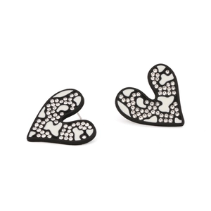 Sparkling rhinestone heart stud earrings with black and white cow print pattern