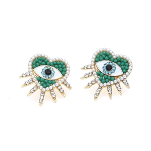 Bohemian heart-shaped evil eye stud earrings with green beads and pearl trim