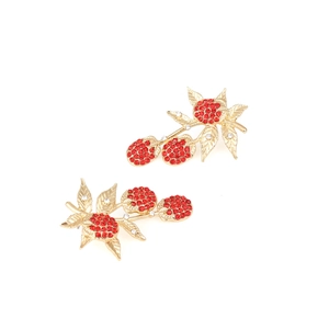 Chic gold cherry earrings with red rhinestones and textured leaves for women