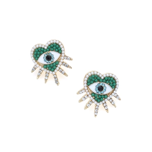 Minimalist heart-shaped evil eye earrings with green beads and gold eyelash details