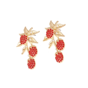 Sparkling crystal cherry earrings with red rhinestones and golden leaf details