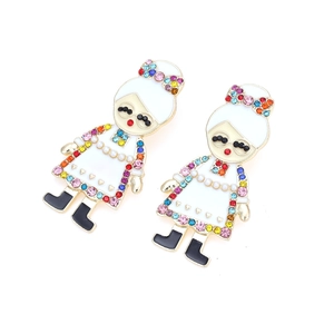 Boucles d'oreilles mamie de Noël avec strass colorés et émail blanc sur métal doré