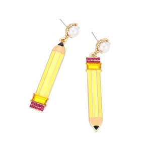 Boucles d'oreilles crayon jaune créatives avec perles blanches et strass brillants