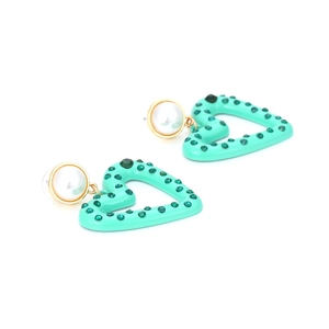 Detail of mint green enamel heart earrings with pearls and green rhinestones