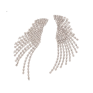 Sparkling silver fringe tassel earrings with rhinestones in a vintage wing design