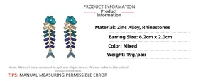 Detail view of colorful crystal fishbone earrings with size and weight measurements
