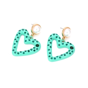 Elegant mint green heart earrings with pearls and emerald green crystals set in gold