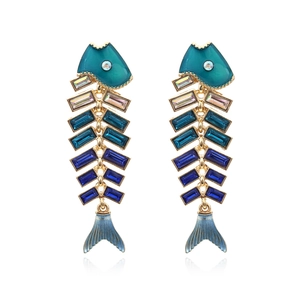 Fishbone Drop Earrings Zinc Alloy Enamel Gradient Rhinestones Marine Animal Statement Jewelry For Women